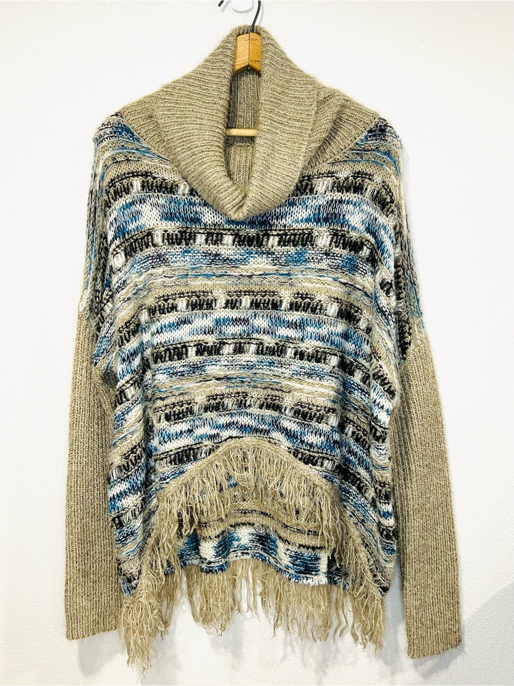 Anthropologie Sunday in Brooklyn Fringe Cowk Neck High-Low Boho Fuzzy Sweater M